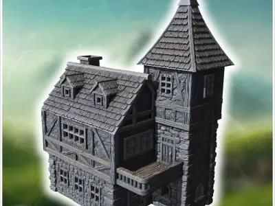 Towered medieval building with a wooden balcony stone base and s 3D print model