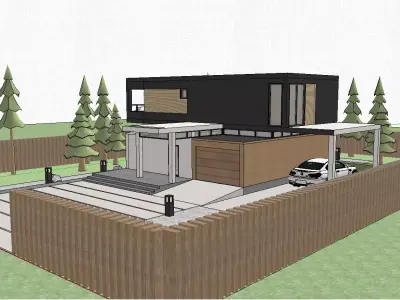 Modern minimalist facade Exterior facade of villa Low-poly 3D model