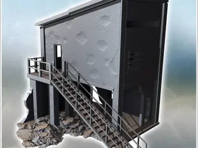 Two-story building with damaged exterior walls and an attached m 3D print model