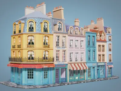 Cartoon city facades Low-poly 3D model