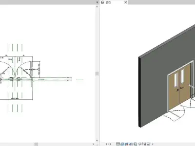 Two equal leaf timber solid door frame with viewing panel 3D model