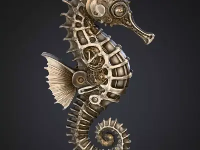 Mechanical Seahorse 3D Model  Sci Fi Steampunk Creature Design Low-poly 3D model
