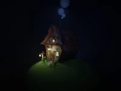 low poly cottage house on hill Low-poly 3D model