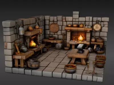 Stylized Blacksmith Forge 3D Model Scene Low Poly Medieval  Low-poly 3D model