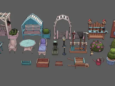Stylized Vintage Garden Set Low-poly 3D model
