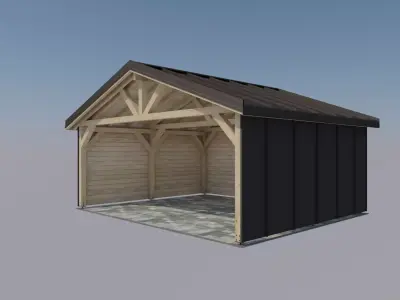 D Model Wooden Carport with Walls  Metal Sheet Roof 20st 3D model