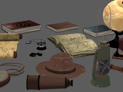 Explorer equipment complete set Globe Compass Telescope Low-poly 3D model