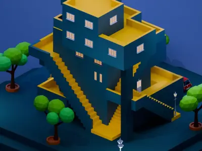 Brutalist Isometric House - Low Poly Game Ready Low-poly 3D model