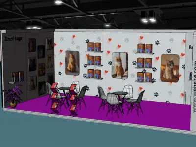 Whimsical cat food booth with heart wall graphics and racks 3D model