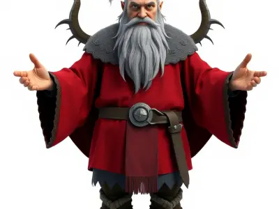 Elderly Warrior Viking Character with Antlered Cloak Rigged a... Low-poly 3D model