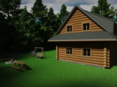 Log house in forest with enviroment and interior 3D model