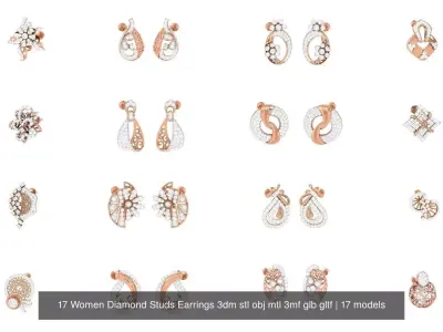 17 Women Diamond Studs Earrings 3dm stl obj mtl 3mf glb gltf 3D Model Pack