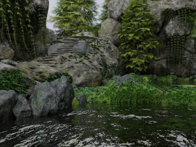 Scene rock garden with trees and rocks 3D model