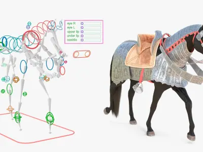  Black Horse in Used Medieval Armor Fur Rigged 