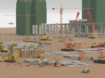 Construction site scene Low-poly 3D model