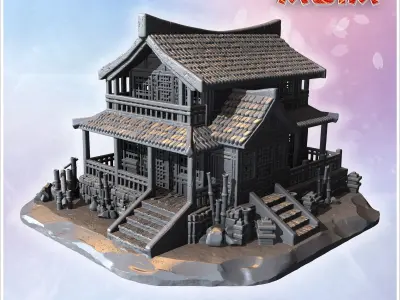 Traditional two-story house with tiled roof wooden railings and  3D print model