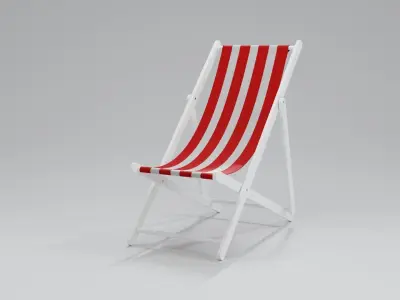 Wooden Folding Beach Chair with Red and White Striped Seat 3D model