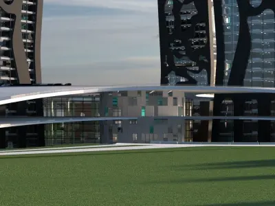 The Island futuristic building in middle of grassy field 3D model