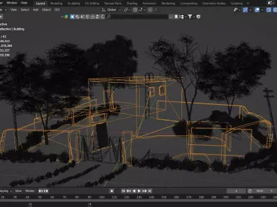 Old Rustic Village House with Farm Tools Low-poly 3D model