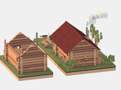 Isometric Russian Village Bathhouse Bath Accessories Low-poly 3D model