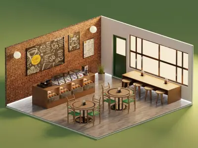 Restaurant coffee shop with tables and chairs 3D model