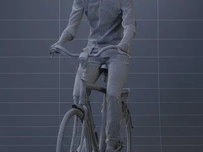 Pre-posed man on a bicycle with realistic hair 3D model