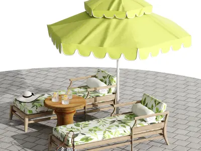 Beach umbrella and chaise longue set 6 3D model
