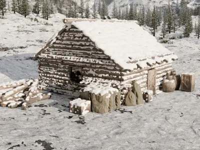Snow landscape Cabin Scene 3D model