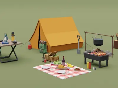 Camping picnic bbq props assets pack Low-poly 3D model