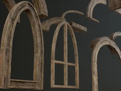 Wooden Arch and Windows Parts Planks 13 pieces and four assets Low-poly 3D model