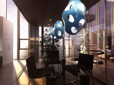 Realistic Lamp Collection living room with glass wall 3D model