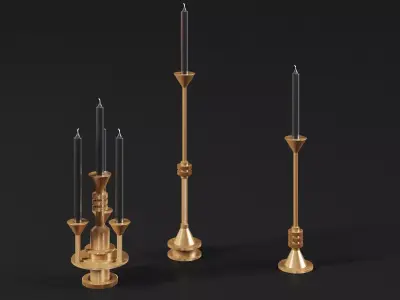 Cog gold candle holder with three candles 3D model
