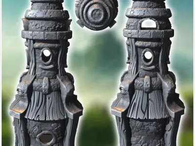 Large medieval tower with wooden door and concave roof and woode 3D print model