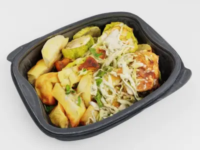Poke bowl lunch box with cabbage chicken potatoes eggplant 3D model