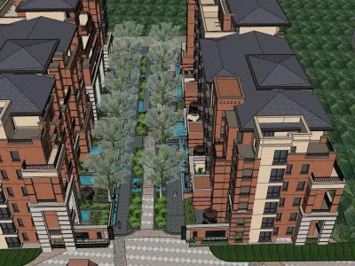 main gate with 3 story residential building gate house 3D model