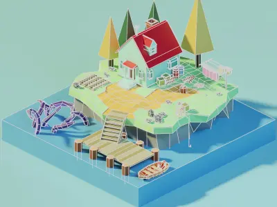 Isometric Low Poly House on an Island by Zoe Tamago Low-poly 3D model