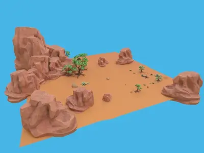 Cartoon set desert with rocks and trees 3D model