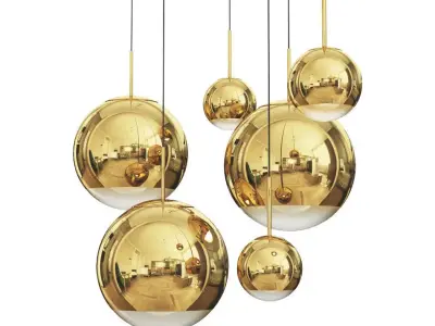 Mirror Ball Pendant Gold Dinning Light Set 3D model