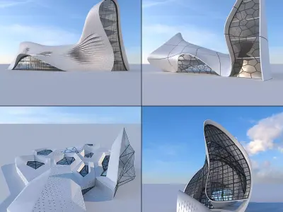 Futuristic building collection 4x 2 3D Model Pack