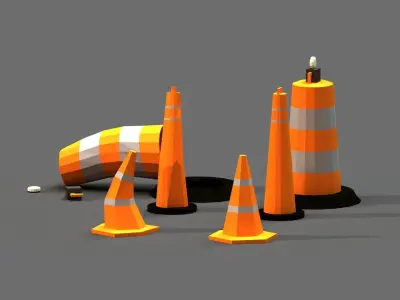 Post Apocalyptic Road Cones Pylons and Barrels Low-poly 3D model