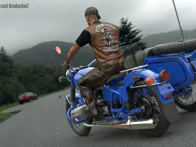  Biker on Retro Classic Blue Motorcycle with Sidecar 
