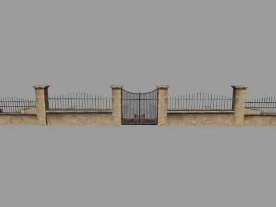 wall set stone with wrought iron railings Low-poly 3D model