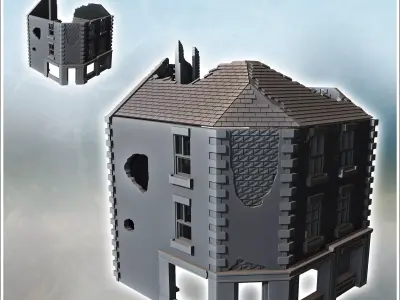 Corner ruin building with three-sided roof and ground-floor shop 3D print model