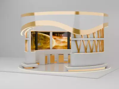 Futuristic 3D Exhibition Booth Design Gold and White Curved 3D model