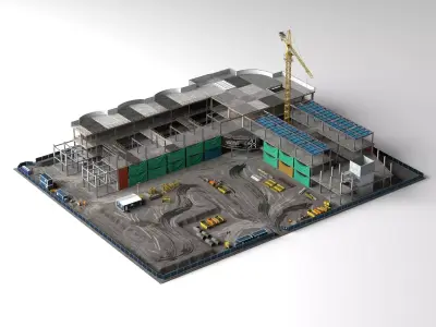  construction site with buildings and construction vehicles Low-poly 3D model