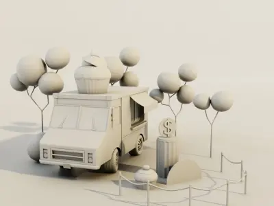 Cute Scene Ice Cream Van 3D model