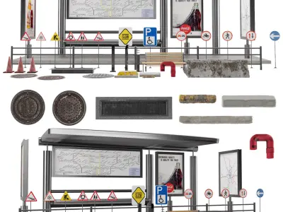 Street kitbash Low-poly 3D model