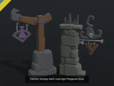 Cartoon fantasy road signs Polygonal Style 3D Model Pack
