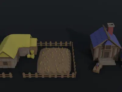 Cartoon fantasy city buildings Polygonal Style Low-poly 3D model