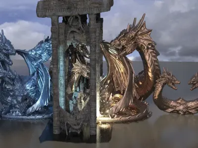Fallen Angel Blood Font Monoliths with Dragon Statue 3D model